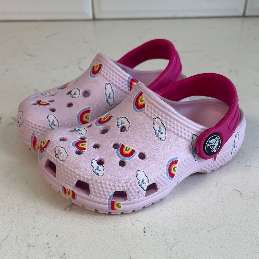 CROCS Kids Light Pink Clogs with Rainbow & Cloud Design Size 7